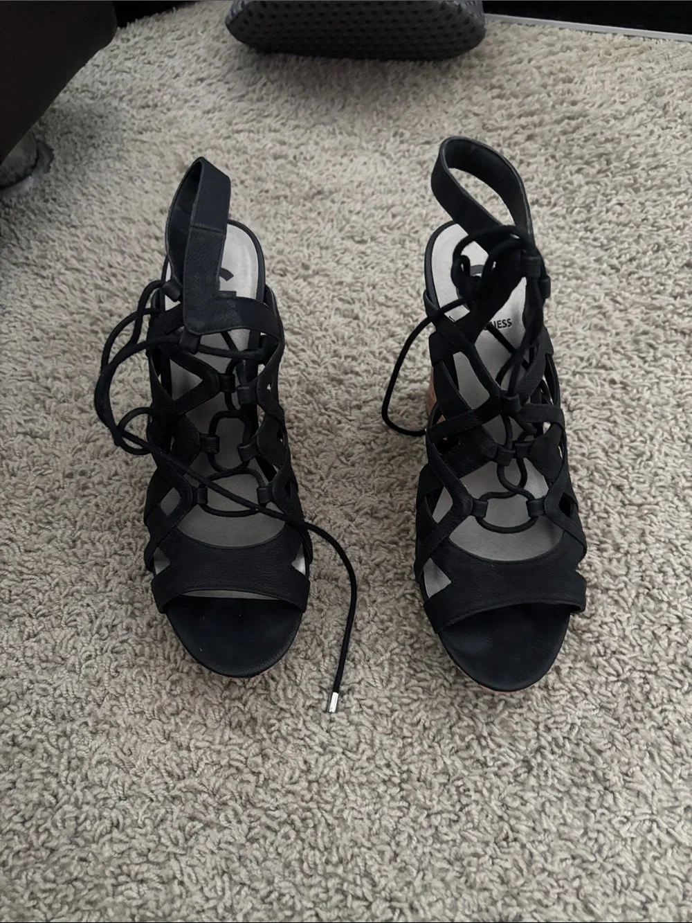 GUESS Black Lace-Up Cutout Wedge Sandals